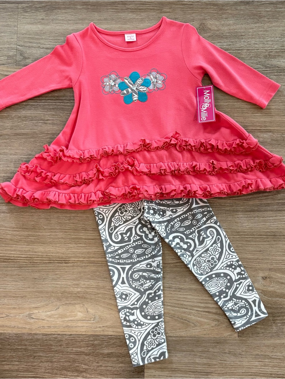 Molly & Millie Coral Ruffle Tunic Set with Patterned Leggings 2t New with Tags